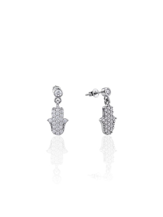 Taşlı Sallantılı Fatma Ana Eli Hamsa Gümüş Küpe 1.4x0.6cm [OYOK350]