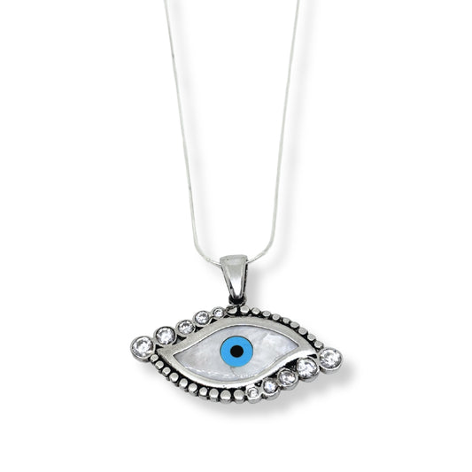 White Sparkling White Eye Evil Eye Silver Necklace