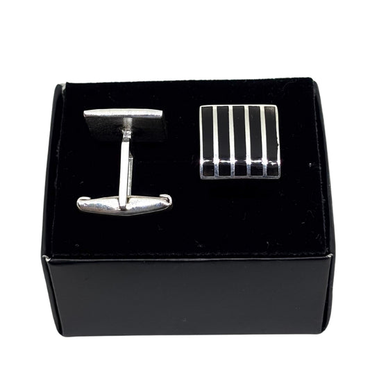 Silver Square Black Enamel Striped Cufflinks