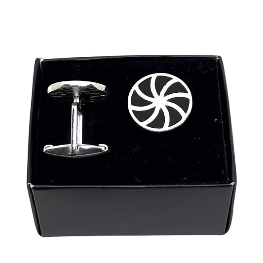 Silver Round Black Enamel Loop Cufflinks