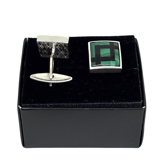 Silver Square Green Mother of Pearl and Black Enamel Cufflinks