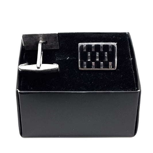 Silver Rectangular Black Enamel Checkerboard Elegance Cufflinks