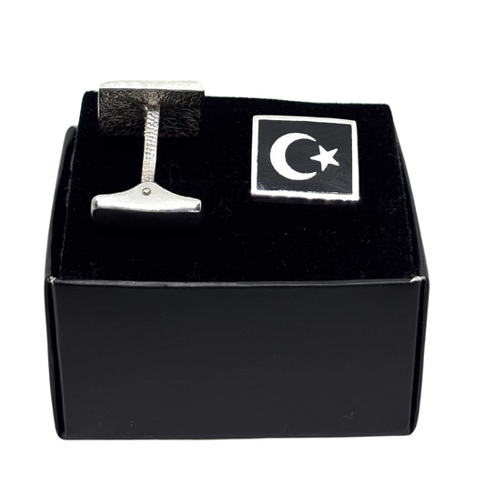 Black Enameled Silver Crescent Star Cufflinks