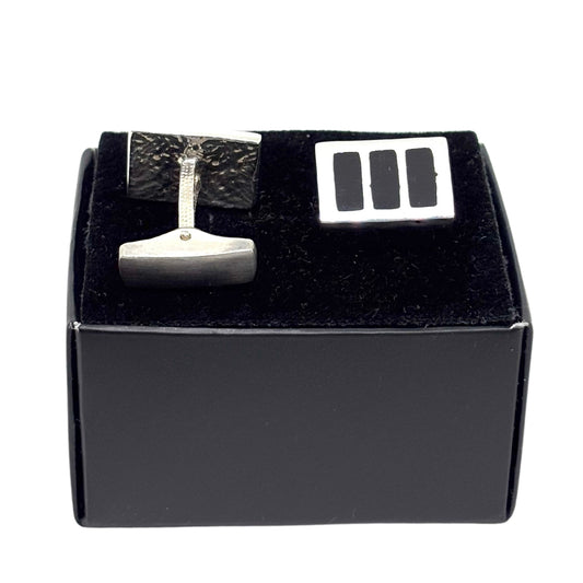 Rectangular Black Three Line Enameled Silver Cufflinks