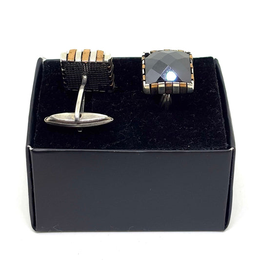 Square Onyx Stone Rose Line Silver Cufflinks