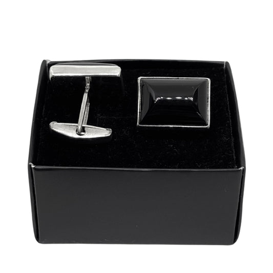 Silver Black Rectangle Large Onyx Stone Cufflinks