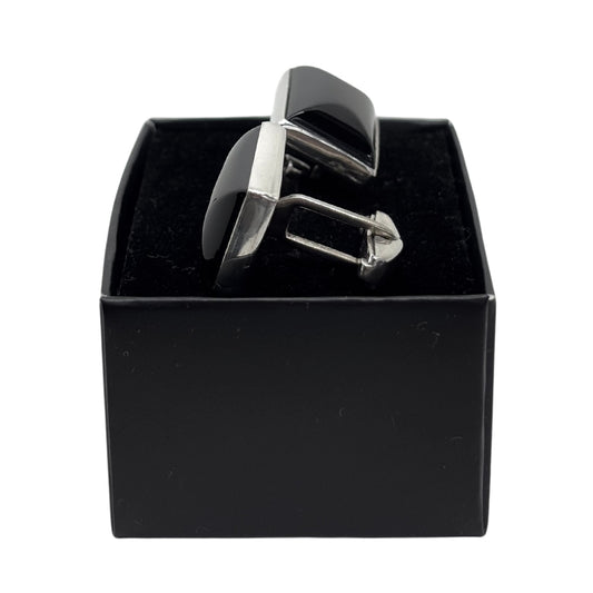 Silver Black Rectangle Large Onyx Stone Cufflinks