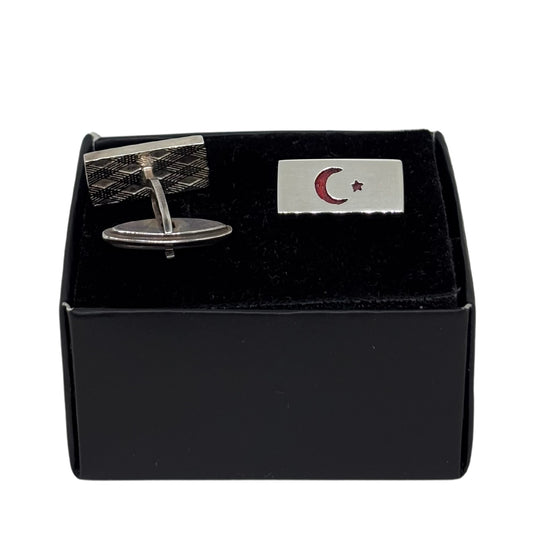 Rectangular Red Star and Crescent Silver Cufflinks