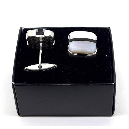 Silver Square Mother of Pearl Stone Single Striped Men's Cufflinks