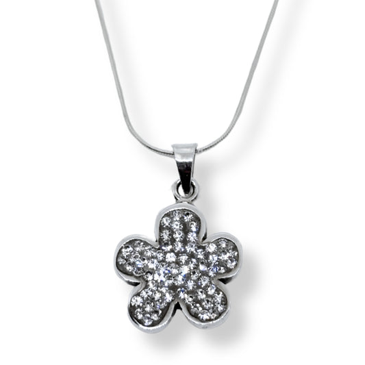 White Sparkle Bezel Clover Silver Women's Necklace IKM