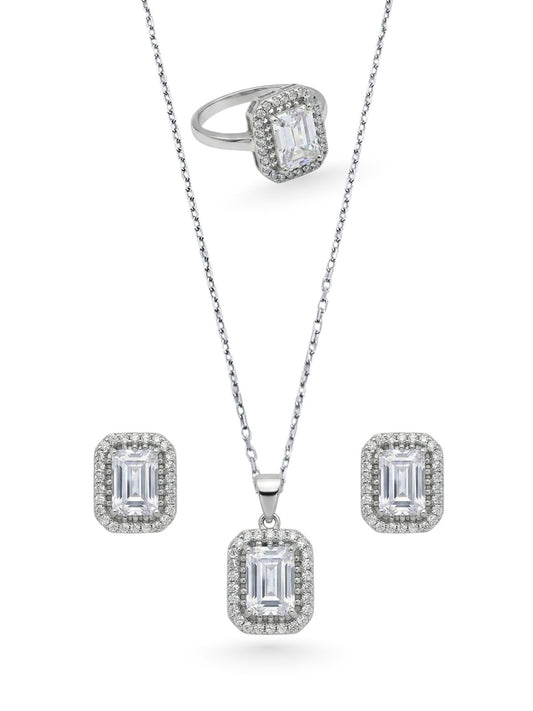 Zirkon Taşlı Kare Baget Gümüş Set &Takım