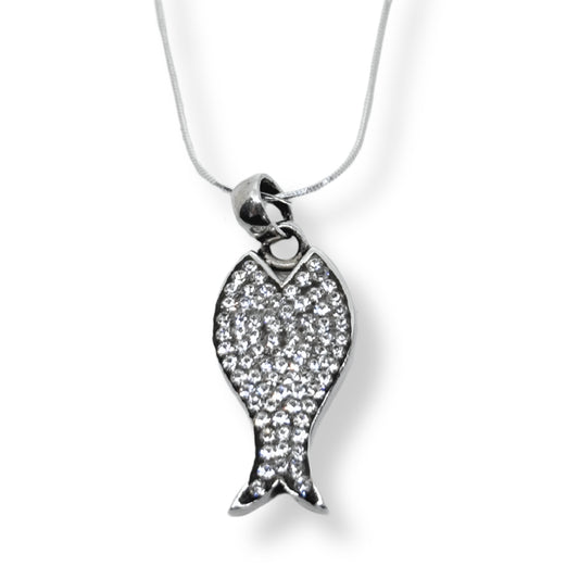 White Sparkle Bezel Fish Silver Necklace Models IKM