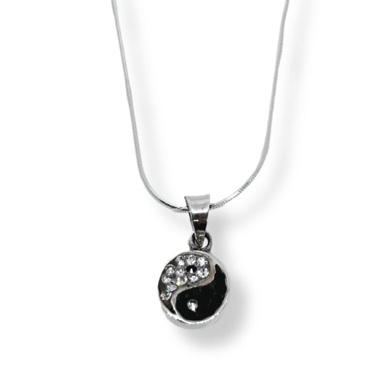 Mini Black &amp; White Sparkling Bezel Ying-Yang Silver Women's Necklace IKM