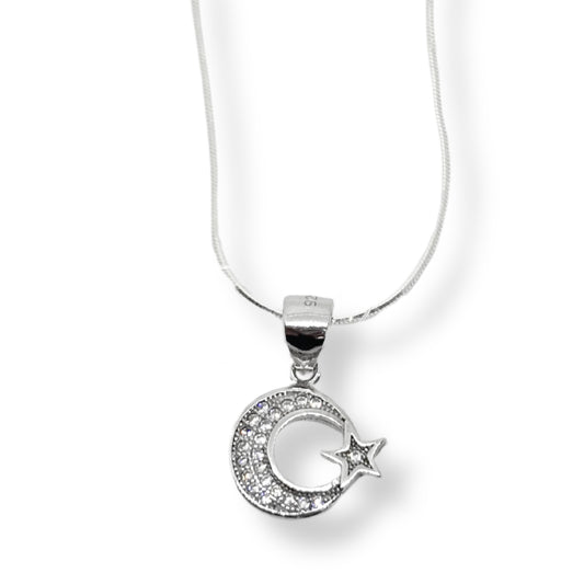 White Sparkling Crescent Star Silver Women's Necklace