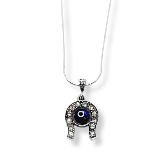 White Sparkling Navy Blue Evil Eye Horseshoe Silver Necklace