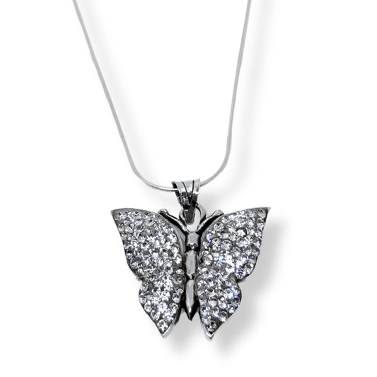 White Sparkle Bezel Silver Butterfly Women's Necklace IKM