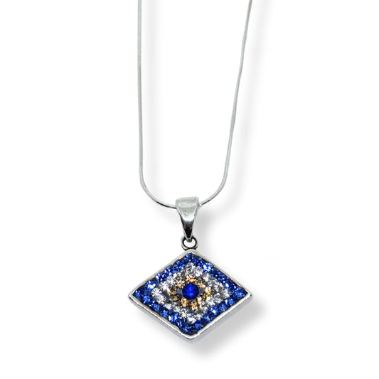 Dark Blue Sparkling Bezel Evil Eye Silver Women's Necklace Models IKM - Evil Eye Collection