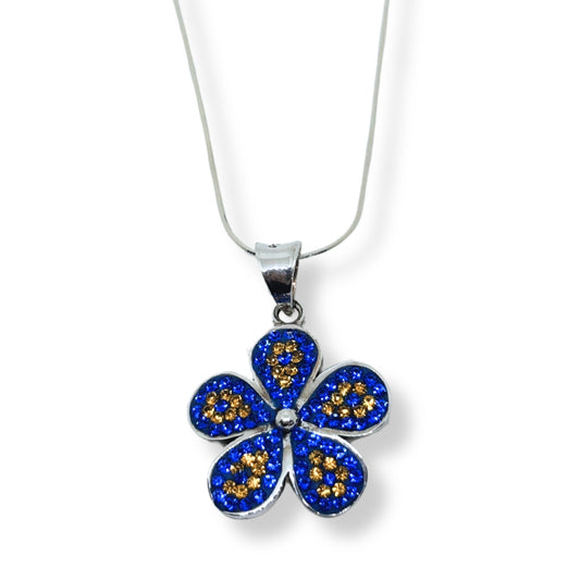 Blue Sparkling Flower Silver Evil Eye Women's Necklace - Blue Protection Collection IKM