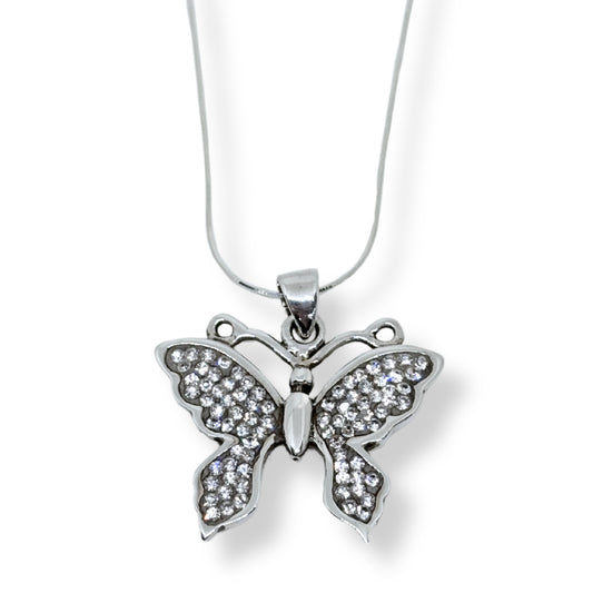 White Sparkling Silver Butterfly Women's Necklace IKM