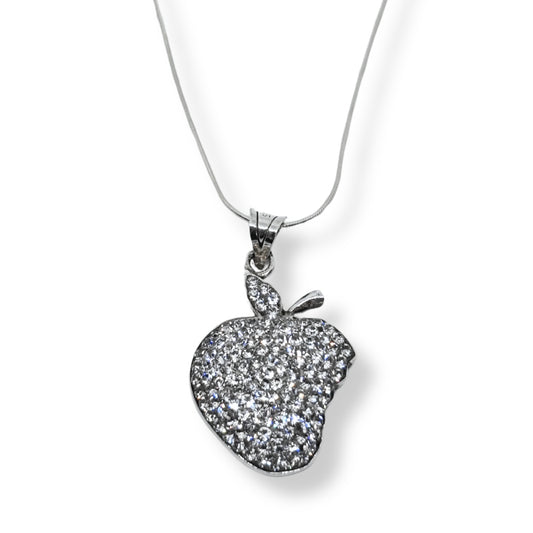 Silver Apple Necklace with White Sparkle Beads Women IKM