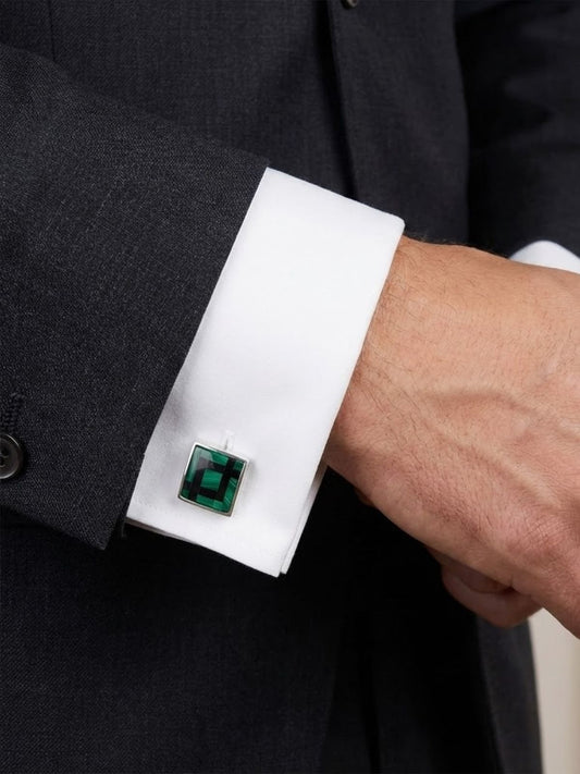 Gümüş Kare Yeşil Sedef ve Siyah Mineli Kol Düğmesi