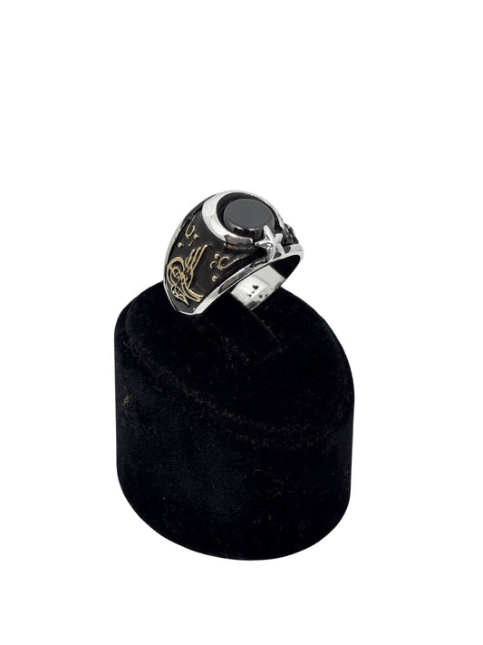 Ay Yıldız ve Tuğra Motifli Oniks Taşlı Gümüş Erkek Yüzük