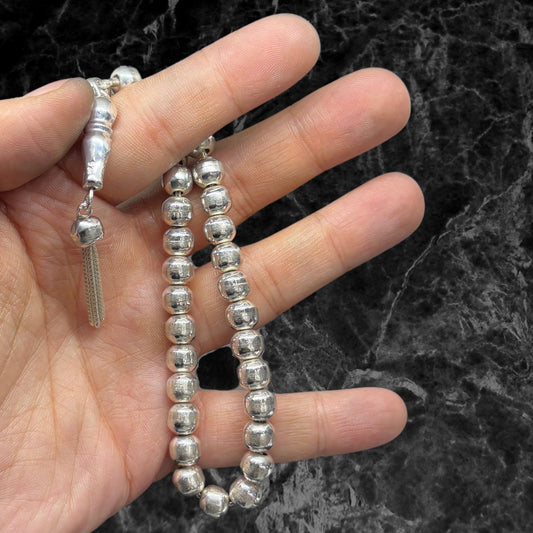 Flat Round Grained Silver Prayer Beads