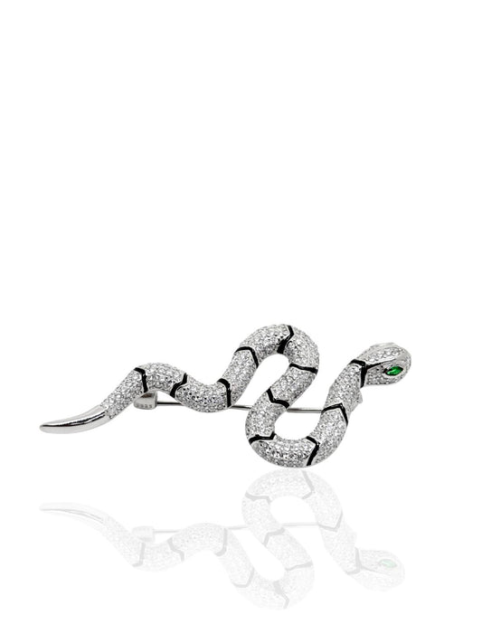 Beyaz Taşlı Yılan Gümüş Broş 5.7x2.5cm