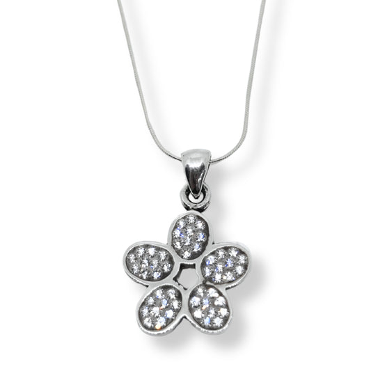 White Sparkle Bezel Leafy Flower Silver Women's Necklace IKM