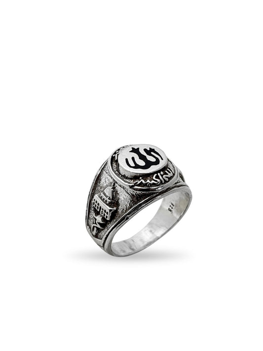 Camii Motifli Allah Yazılı Gümüş Erkek Yüzük