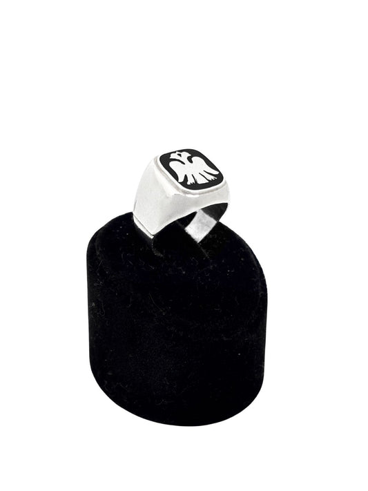 Kare Mineli Çift Başlı Kartal Gümüş Erkek Yüzük