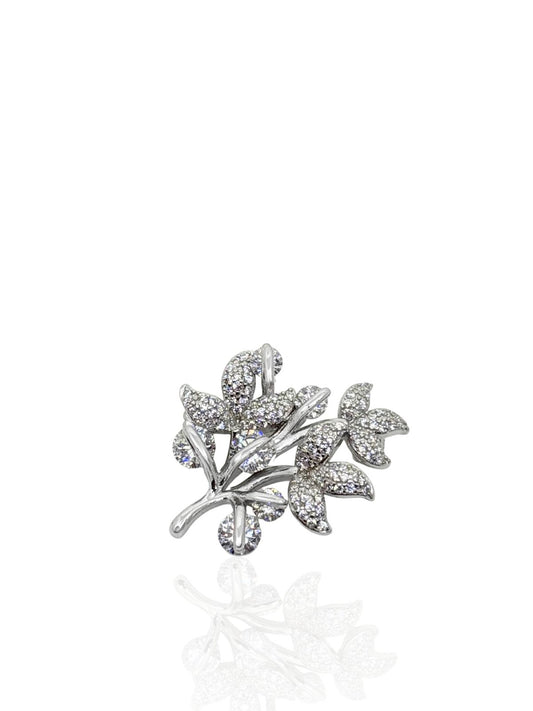 Çoklu Dallı Taşlı Yaprak Gümüş Broş 2.8x2.2cm