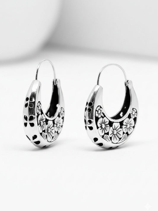 Çiçek Desenli Gümüş Bohça Halka Küpe 3x4 CM - Otantik El İşçiliği [2193485]