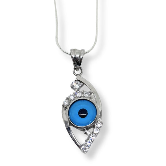 White Sparkling Vertical Evil Eye Silver Necklace