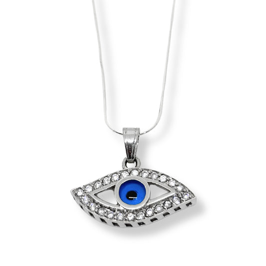 White Sparkling Eye Evil Eye Silver Necklace