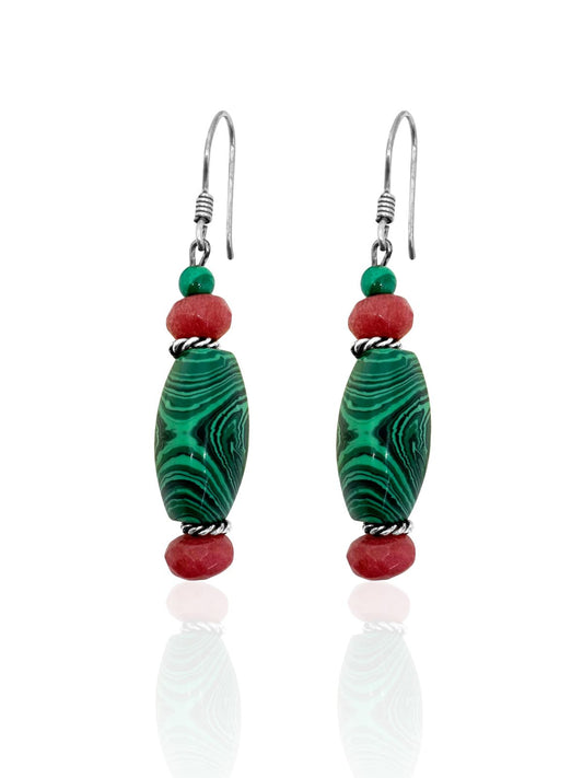 Doğal Malahit ve Mercan Taşlı Gümüş Kadın Küpe 5.8x1.3 cm