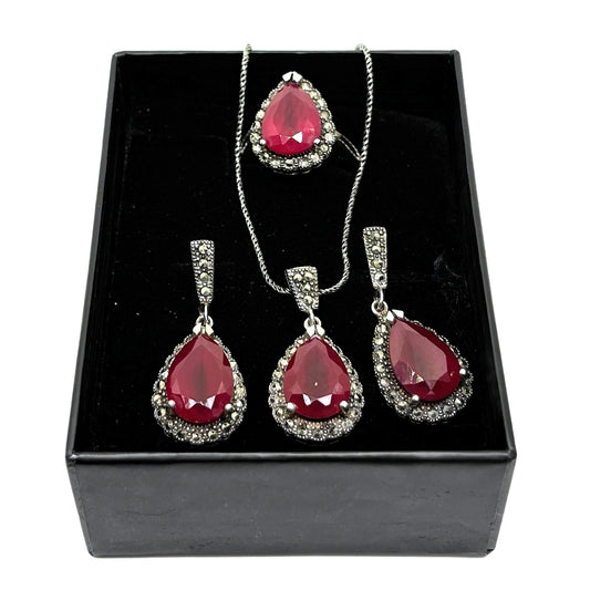 Large Marcasite Surrounded Diamond Cut Ruby Silver Set &amp; Set