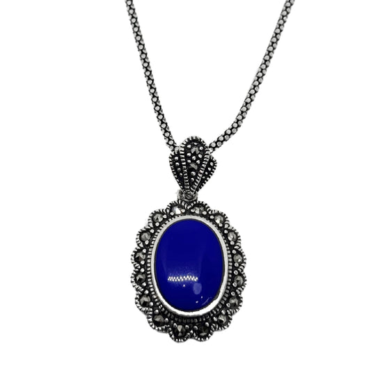 Authentic Markazit Işıltılı Lapis Lazuli Gümüş Vintage Kadın Kolye