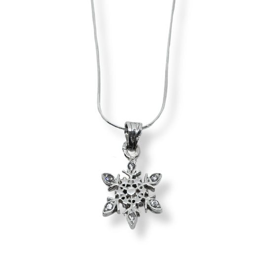 White Sparkle Bezel Snowflake Women's Silver Necklace IKM