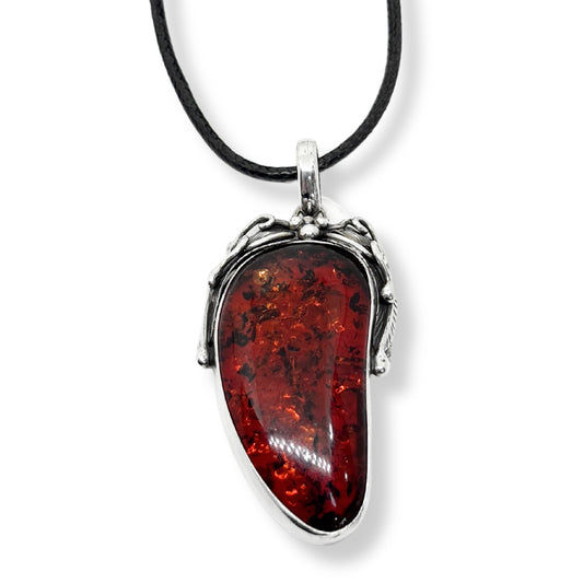 Dark Orange Amber Amber Natural Stone Silver Framed Women's Necklace