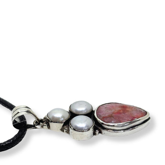 Three Pearl Ruby Natural Stone Silver Women's Necklace