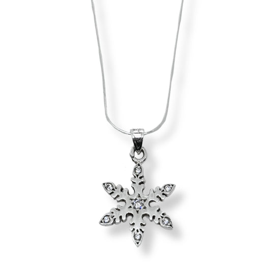 White Sparkle Bezel Snowflake Women's Silver Necklace IKM