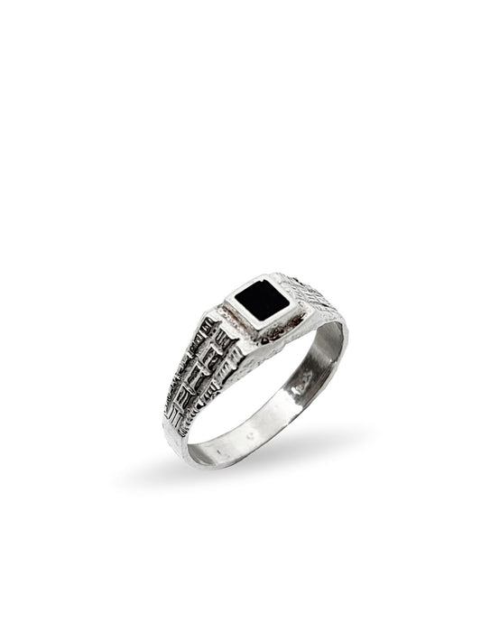 İnce Kare Mineli Retro Gümüş Erkek Yüzük