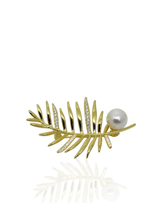 Zirkon Taşlı 24K Altın Kaplama Gümüş Yaprak Broş