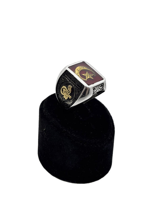 Dikdörtgen Kahverengi Mineli Yaldızlı Ay Yıldız Gümüş Erkek Yüzük