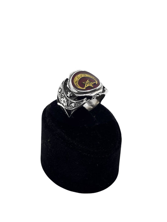 Yuvarlak Kahverengi Mineli Yaldızlı Ay Yıldız Gümüş Erkek Yüzük