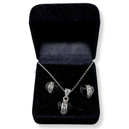 Onyx Heart Marcasite Sparkling Silver Set &amp; Set