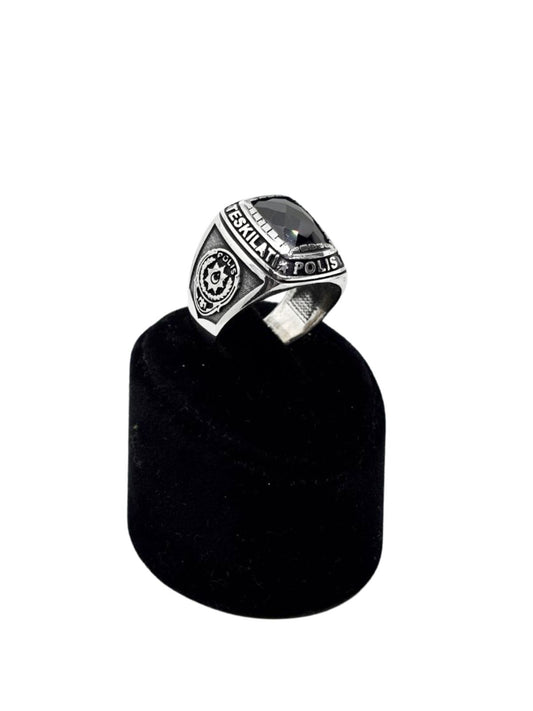 Kesme Oniks Polis Teşkilatı Gümüş Erkek Yüzük