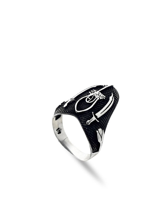 Kılıç Motifli Zihgir Gümüş Erkek Okçu Yüzüğü