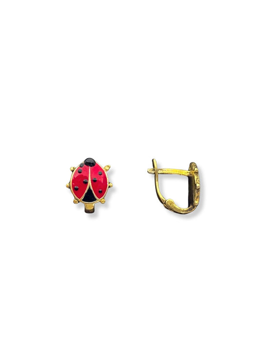 Kırmızı Mineli 24K Altın Kaplama Gümüş Uğur Böceği Kız Çocuk Küpesi 0.7x0.9 CM